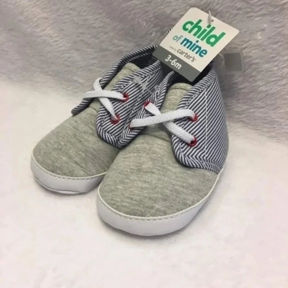 Child of Mine Booties Baby Boy 0-3m Gray Blue Striped New Soft Sole Crib Shoes